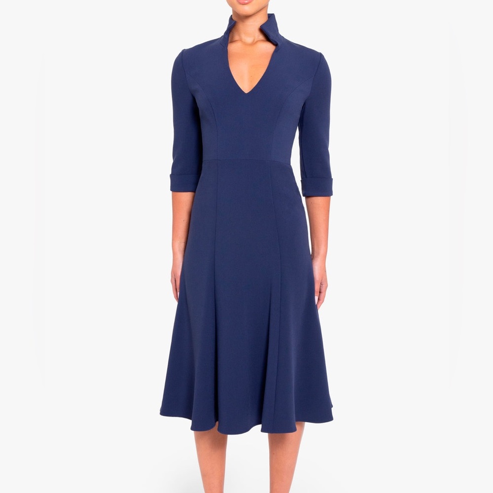 Black Halo Navy Blue Midi Dress with Notch Collar